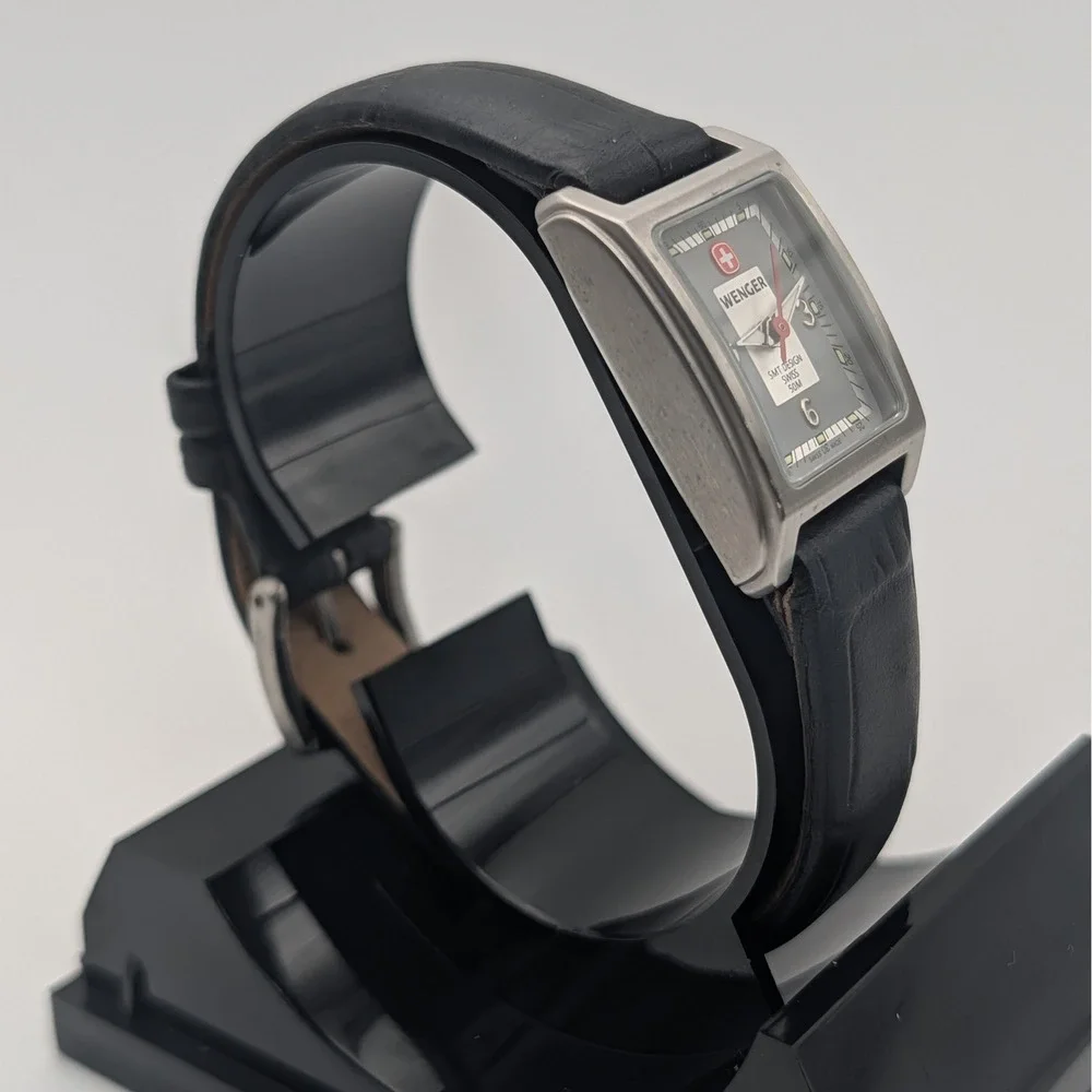 Wenger SMT Design Watch Women 6.5 Black Grey Swiss Made‎ Rectangular 092.0940